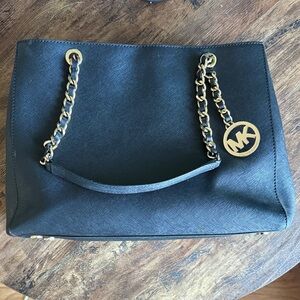 Michael Kors Black Saffiano Leather Shoulder Tote with Gold Chain Detail